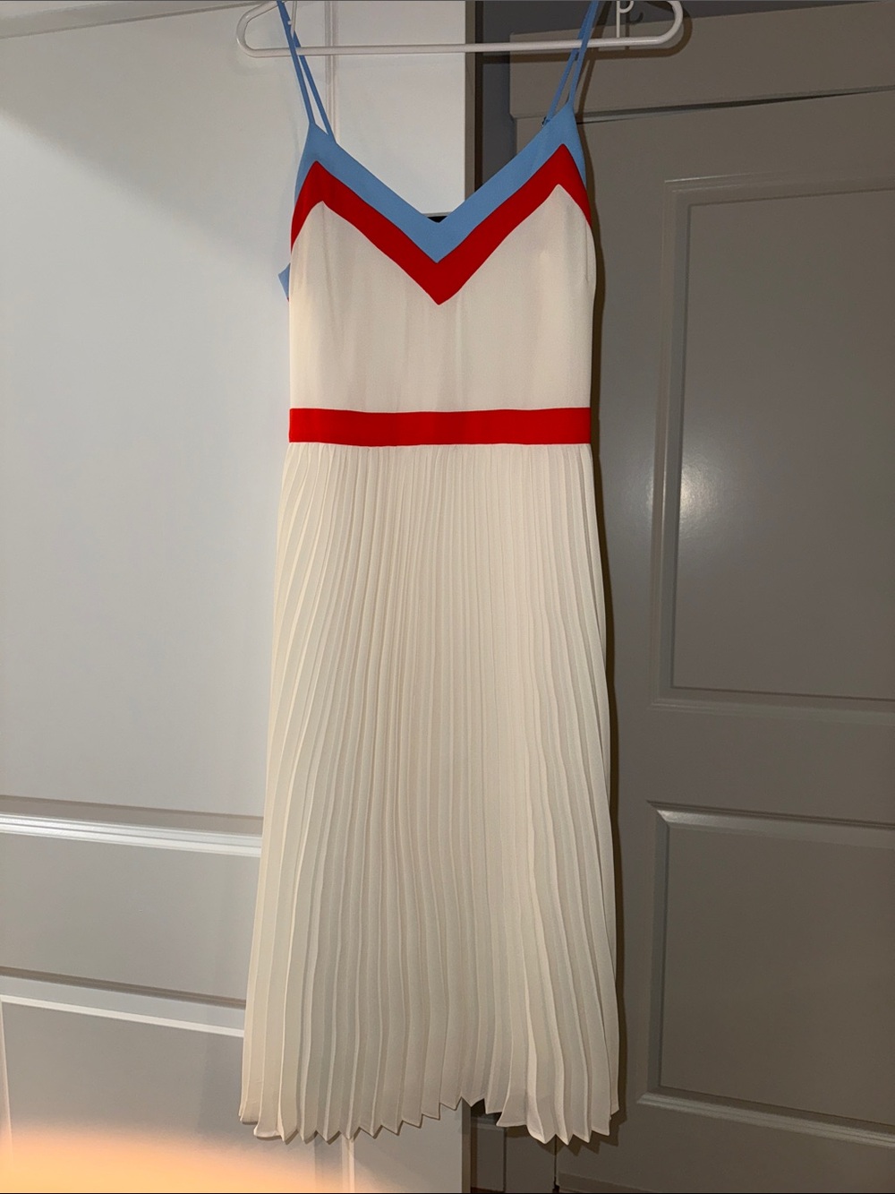 Banana Republic Cream Pleated Midi Dress with Red Waist and Light Blue Trim